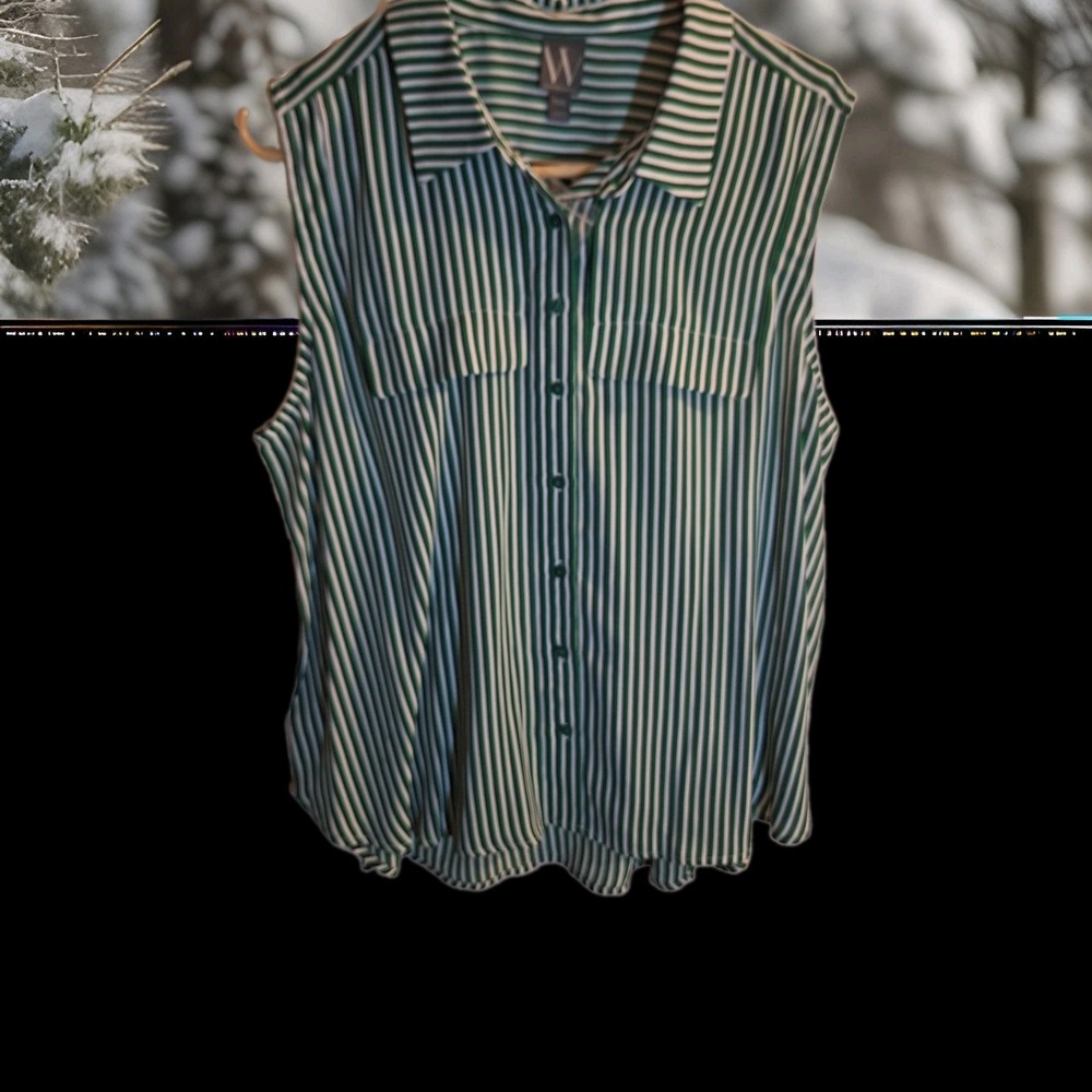 QWorthington Green/ Black / White Stripe 2XL‎ Sleeveless Buttoned Bouse 0069